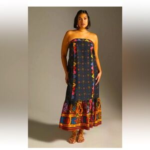 Anthropologie Farm Rio Embroidered Dress Strapless Black Sz Medium Petite NEW